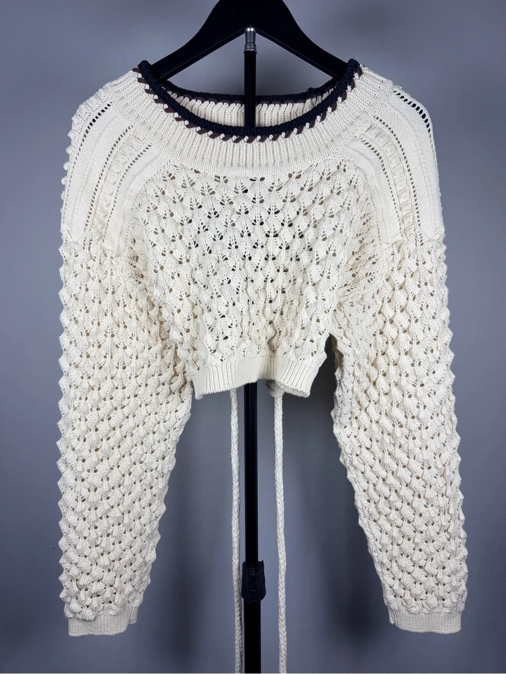 Zara Cream Open-Knit Cropped Sweater with Dark Trim